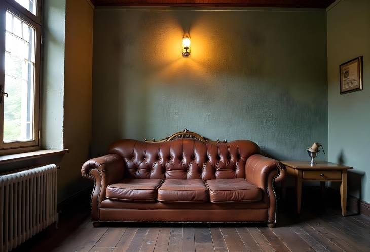 Timeless Vintage Interior with Leather Sofa, Wooden Coffee Table, and Classic Light